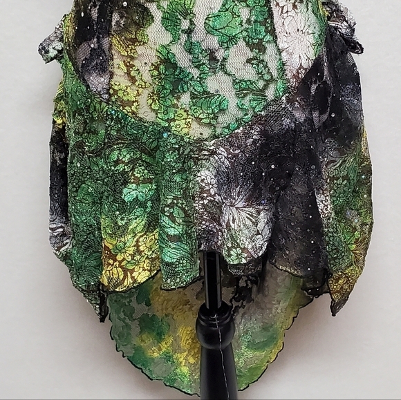 80s Rare Vintage Surprise Parties Green Tie-Dye Sheer Lace Lace-up Bustle Dress - Picture 7 of 16